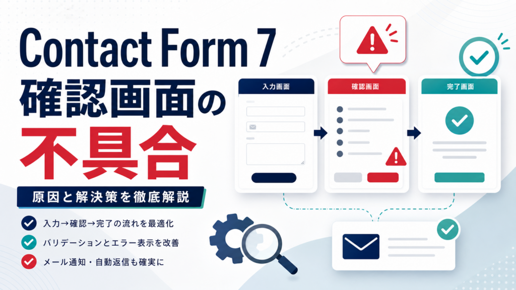 Contact Form 7の確認画面がうまく動かない時の対処法|既存プラグインで詰まる原因と解決策のアイキャッチ画像。WordPressの機能追加、既存プラグインで詰まった悩み、カスタム開発を表すビジュアル。
