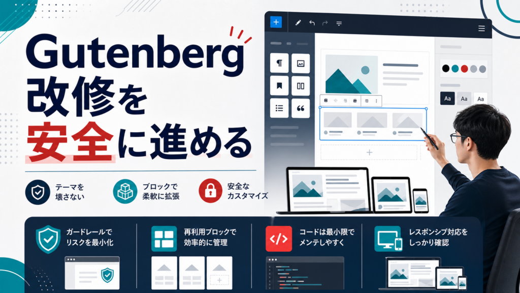 GutenbergでWordPressサイトを改修する方法|既存テーマを崩さずブロック化するポイントのアイキャッチ画像。WordPressの機能追加、既存プラグインで詰まった悩み、カスタム開発を表すビジュアル。