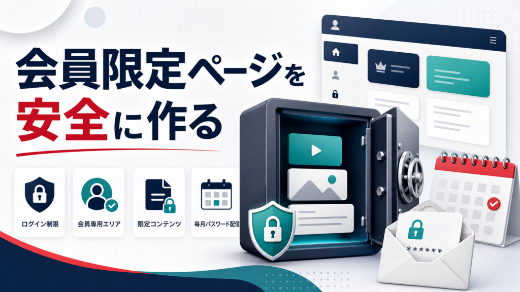 WordPressで会員限定ページを作る方法|ログイン制御・閲覧制限・パスワード配信の考え方のアイキャッチ画像。WordPressの機能追加、既存プラグインで詰まった悩み、カスタム開発を表すビジュアル。