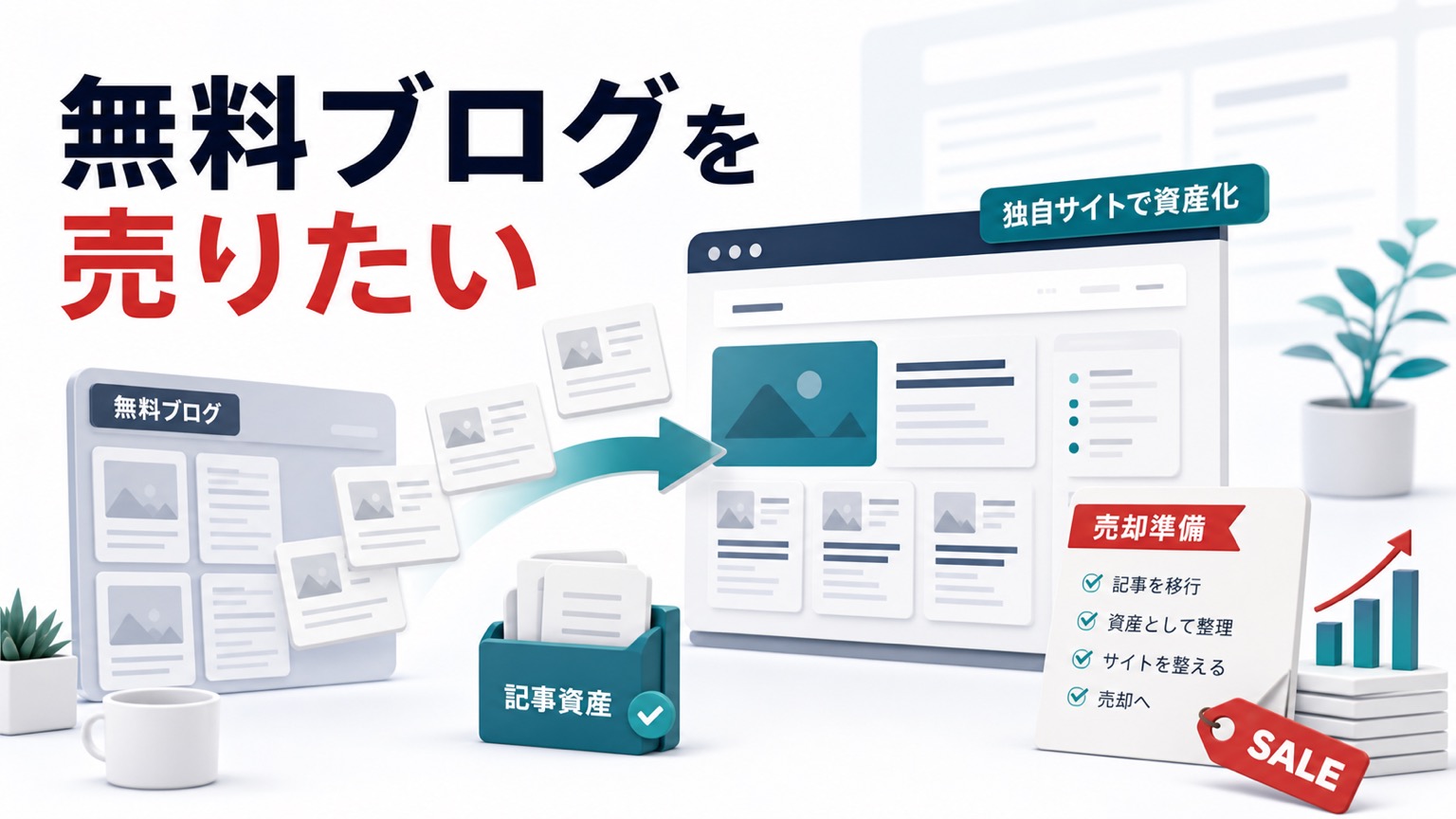 無料ブログの記事をWordPressへ移して売却準備をする流れを表したアイキャッチ画像