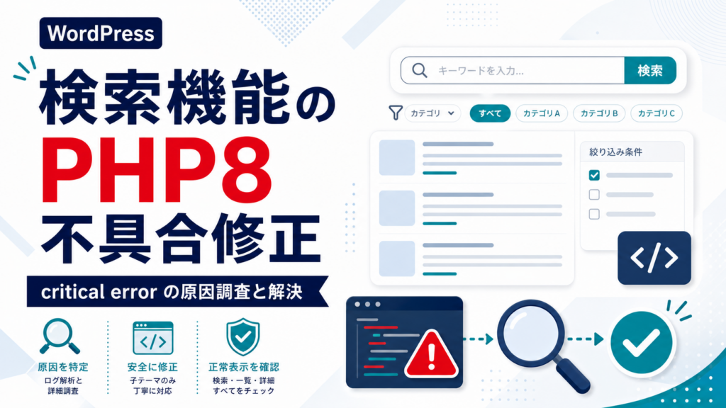 WordPressの検索機能で発生したPHP8系の不具合修正イメージ