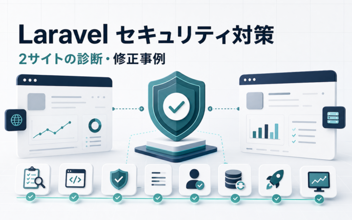 Laravelのセキュリティ対策と2つのサイトの診断・修正事例を表すアイキャッチ画像
