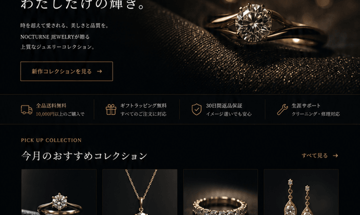 黒背景で高級感を伝えるジュエリーECサイト